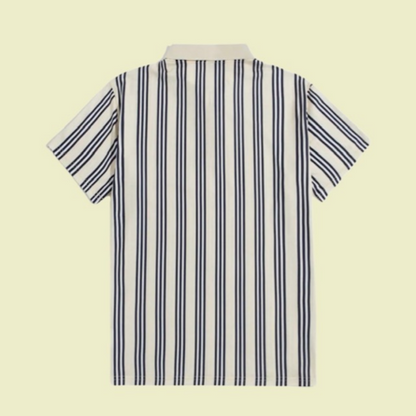 Back of cream and navy striped golf polo.  Classic polo that never goes out of style. 