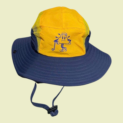 Front of yellow and navy cloud logo hat.  Adjustable under chin strap dangling. 