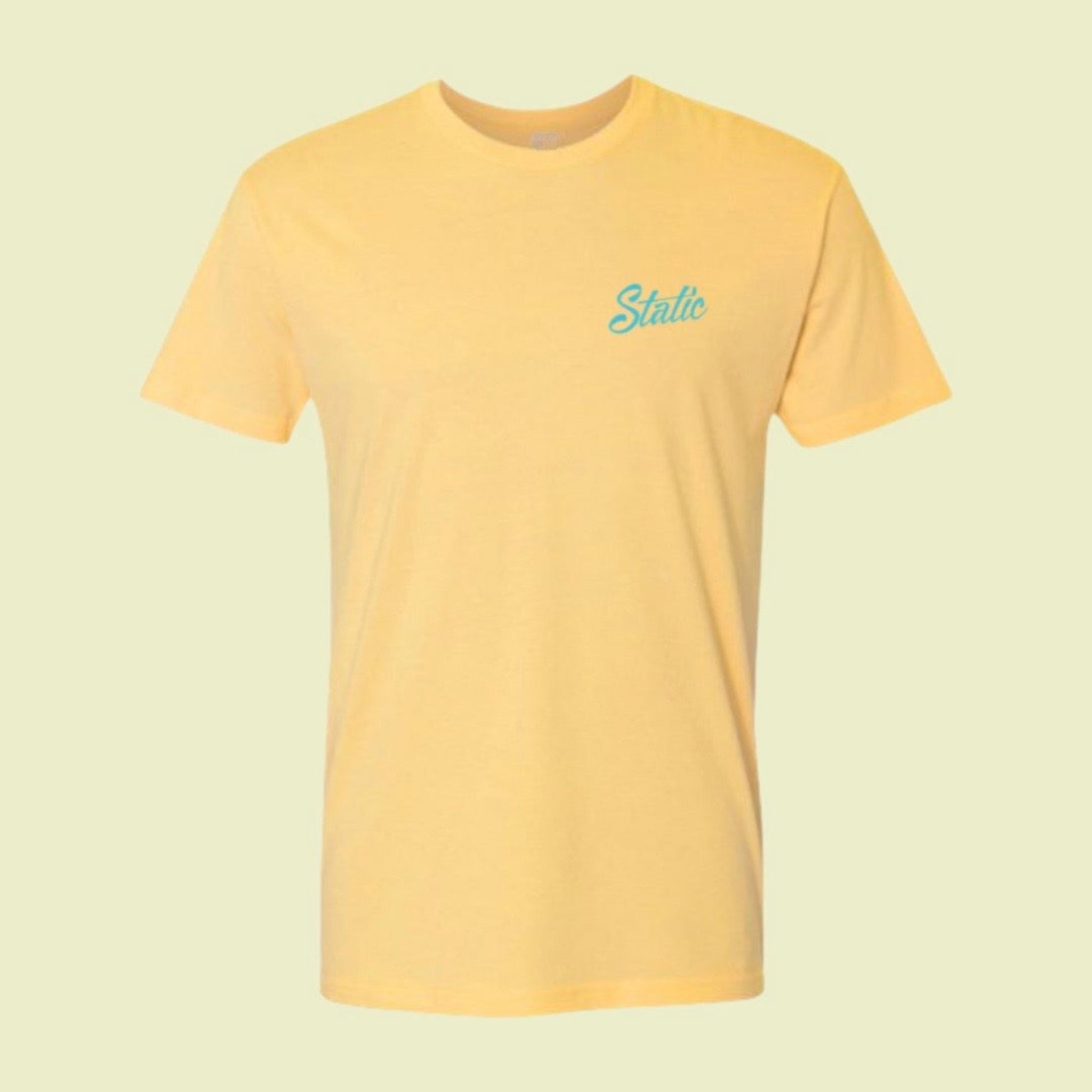 front of the yellow breakfastball golf inspired tee shirt with blue static golf script logo on chest. 