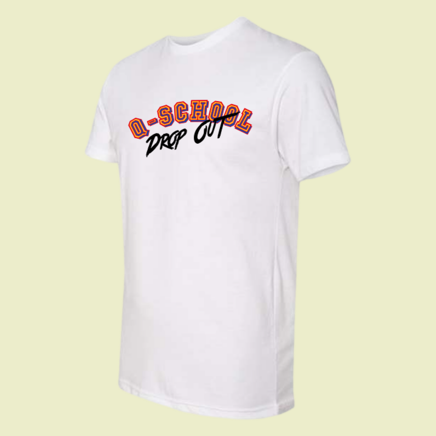 front of white golf inspired Q School drop out tee with red and yellow lettering. 