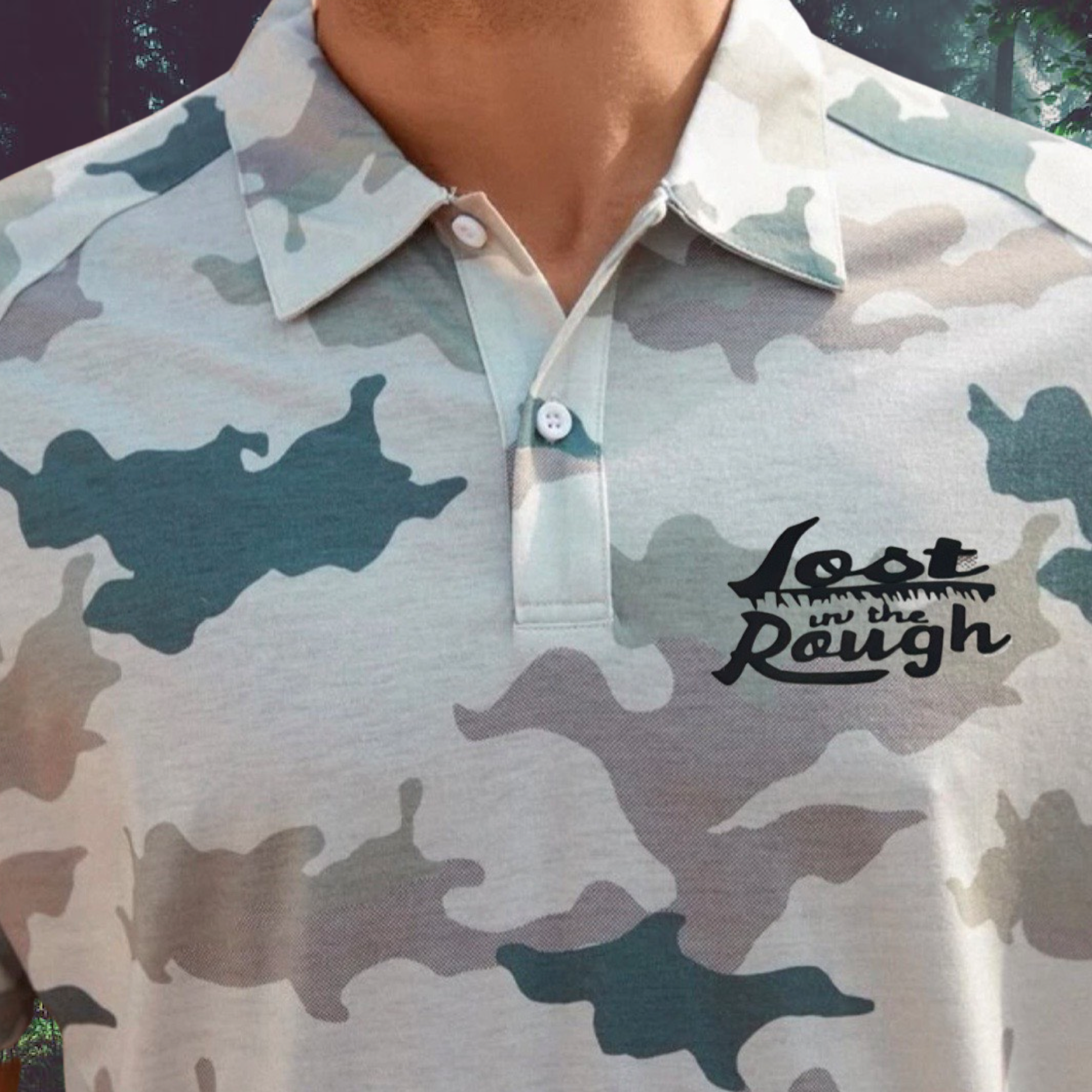 man wearing the lost in the rough golf inspired polo