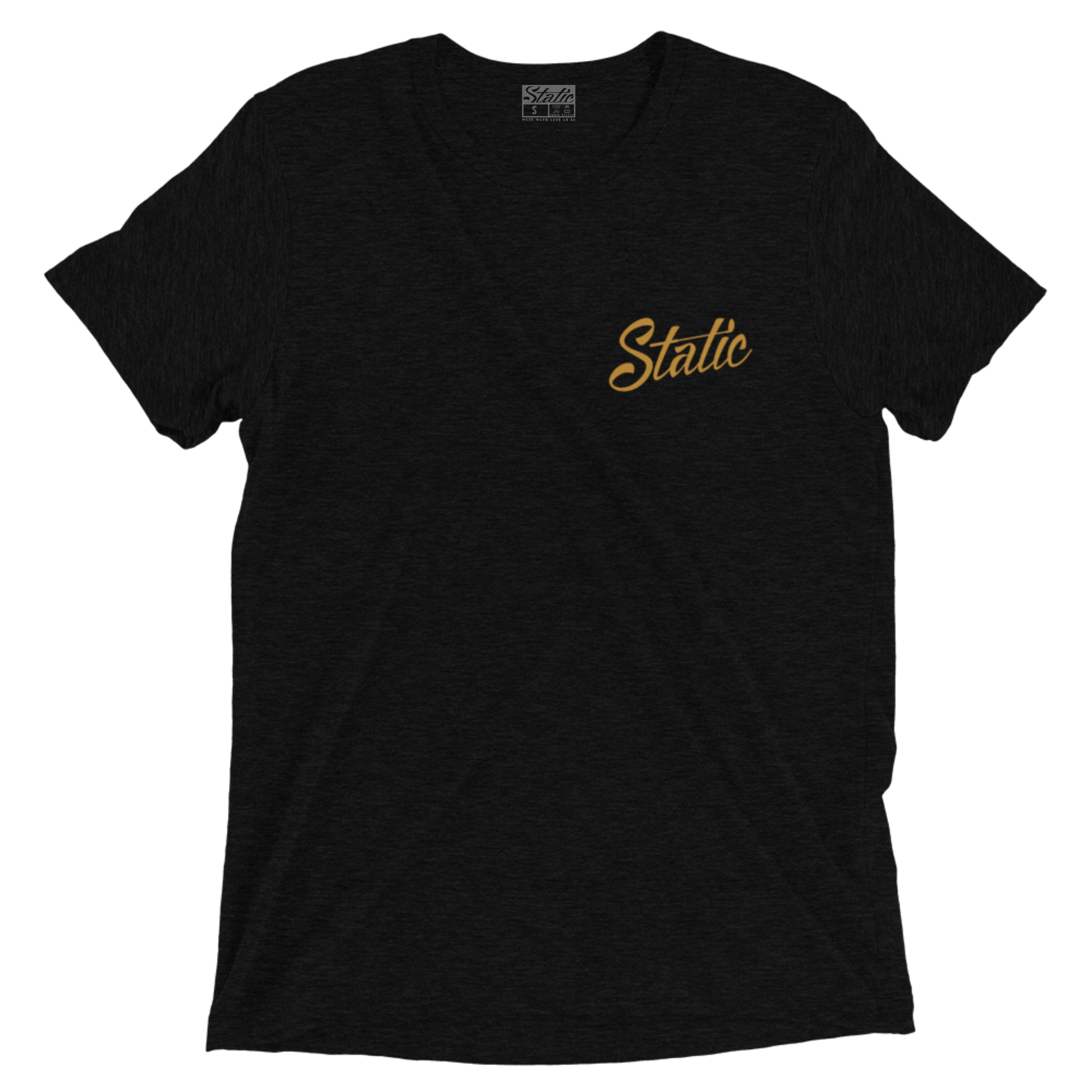front of birdie bogy golf t-shirt with gold script logo on black shirt