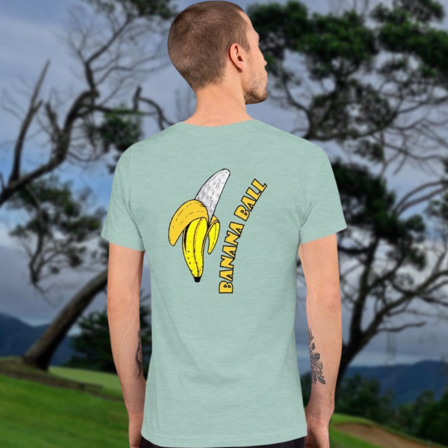 mockup of a man wearing the banana ball t-shirt on a golf course