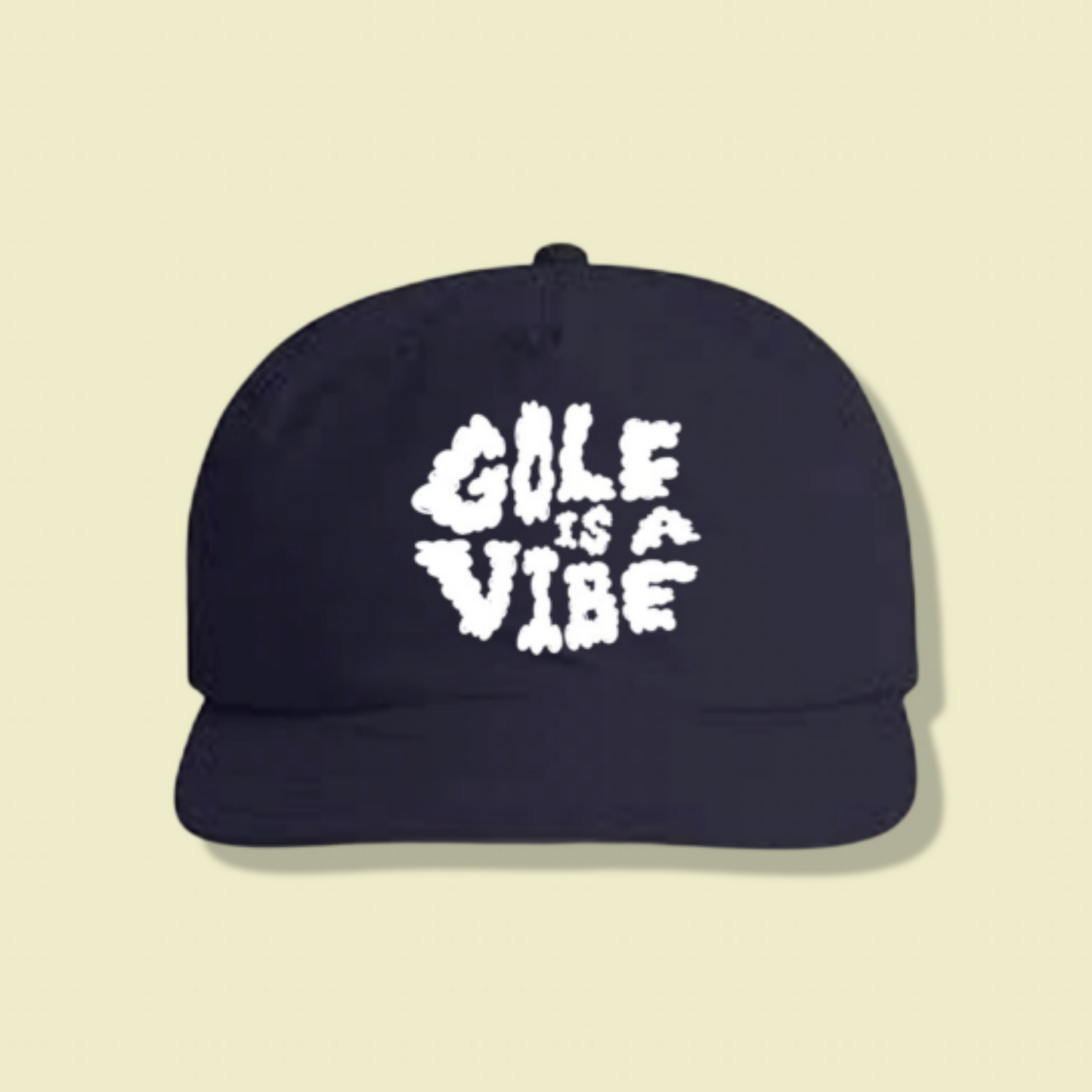 Front of navy 100 percent nylon 5 panel snapback golf is a vibe golf hat.  This golf cap logo is screen printed for a smooth look.  