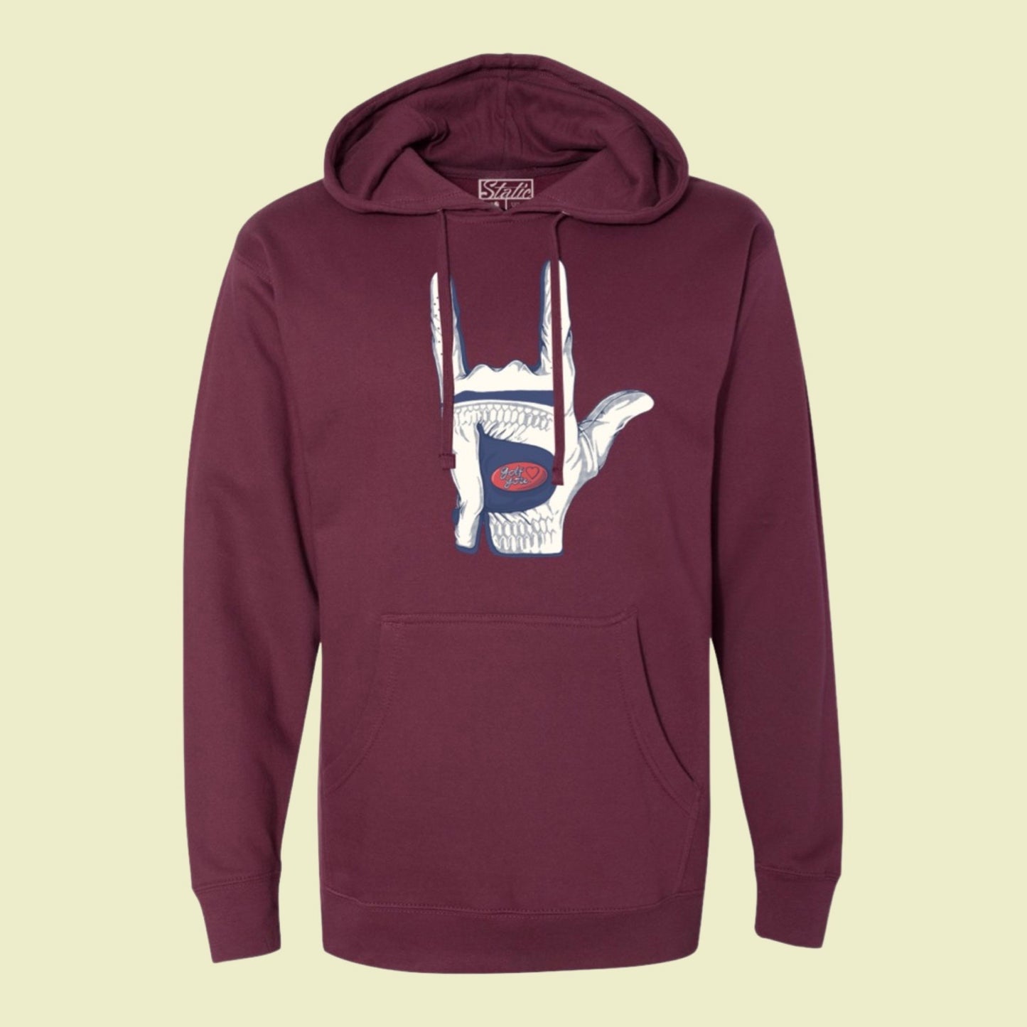 Front of Golf Loves you maroon golf hoodie.  With I love you hand signal logo on front middle chest. 