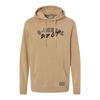 front of tan q-school drop out golf hoodie