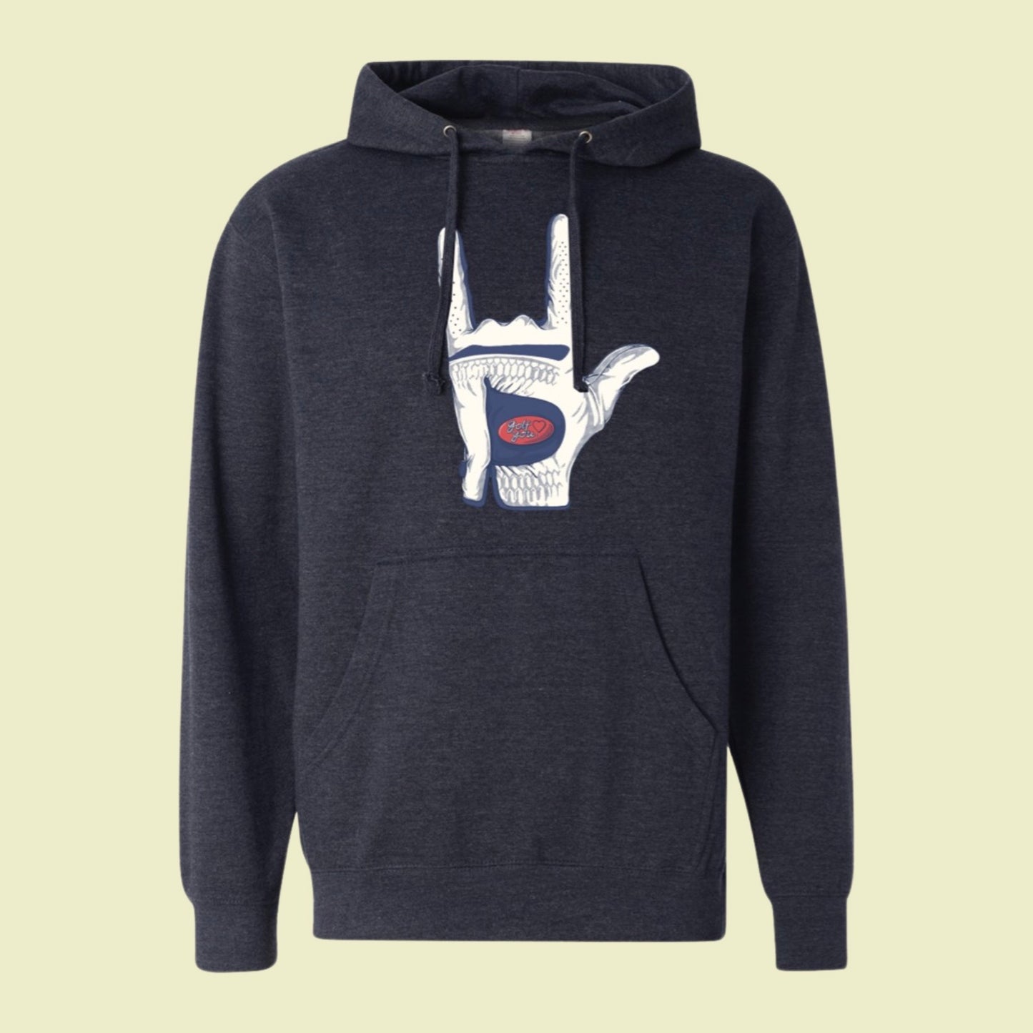 Front of navy Golf loves you hoodie.  I love you hand sign logo on front middle chest. 