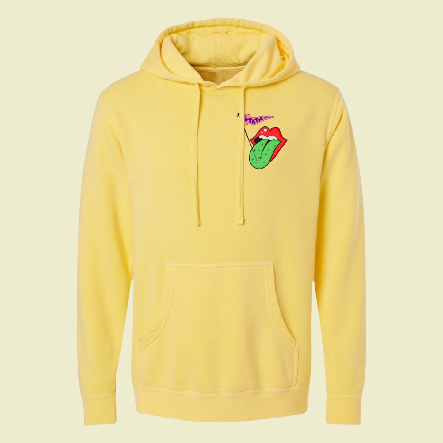 front of yellow golf hoodie with rock n roll themed golf lips logo on front left chest. 