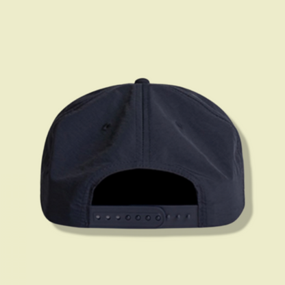 Back of navy blue cloud logo golf hat.  Snap back 100 percent nylon golf cap. 