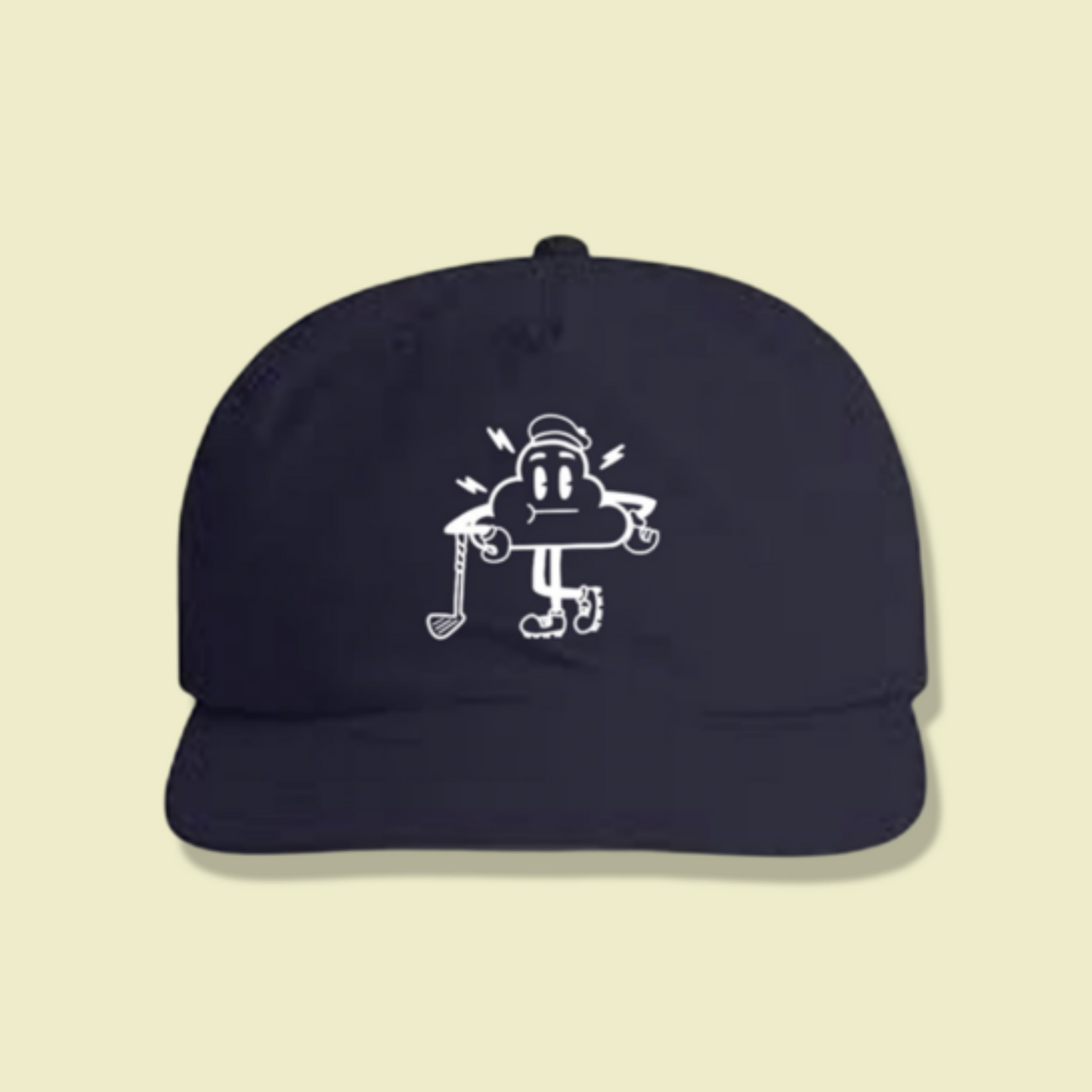 front of the navy blue cloud logo golf hat.  White cloud logo on front snap back hat.  100 percent nylon.  
