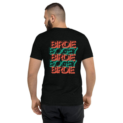 man wearing a birdie bogy shirt showing off the back print